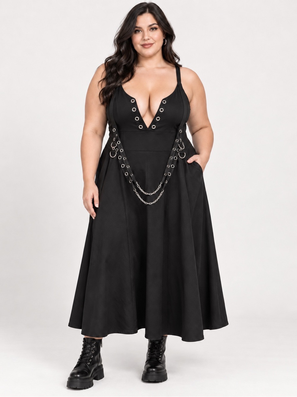 Rosegal Black Gothic Grommet Chain Midi Dress Plus Size 3X